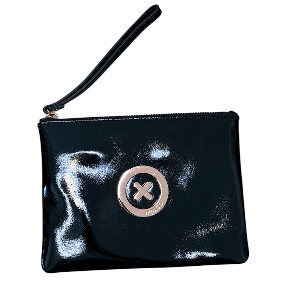 Mimco Supernatural Black Patent Leather Pouch Striped Lining Rose Gold Wristlet